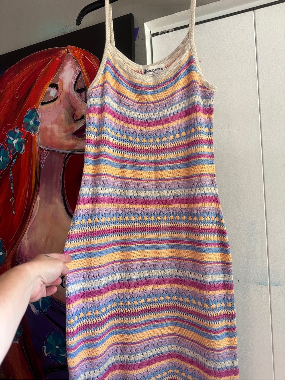 No Boundaries Pastel Striped Open Knit Maxi Dress Scalloped Hem Large - Picture 6 of 12